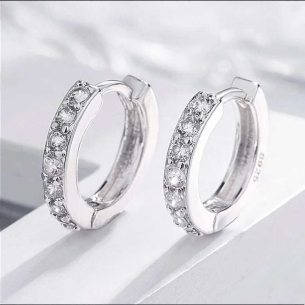 New 925 Sterling Silver Round Diamond Huggie Hoops - Picture 2 of 7
